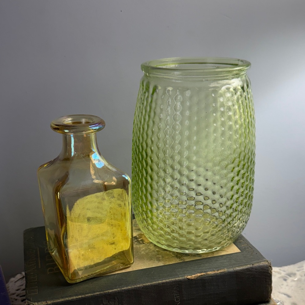 Green Textured Vase and Iridescent Bottle Set